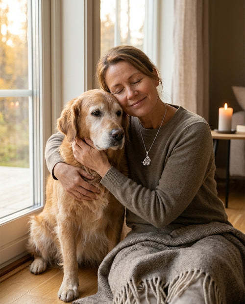 Kvinna kramar sin hund